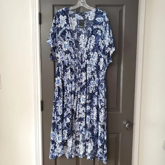New Torrid Womens One Size 1 / 2 (14-20) Blue Floral Cinc Waist Tie Kimono $69 - Picture 11 of 16